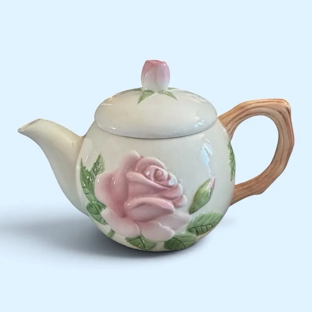 Teleflora 3D Soft Pink Rose Pattern Teapot Branch Handle 1980’s Flaws